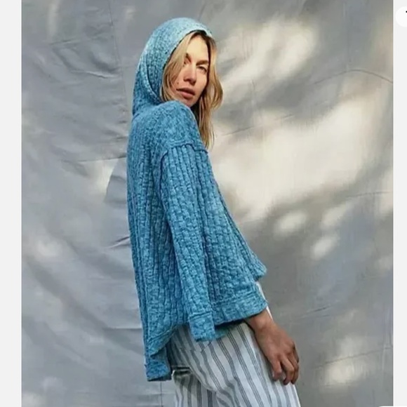 Free People Baja Babe Hooded Hacci Sweater L Blue Oversized Pullover Beachy, M - Picture 2 of 12